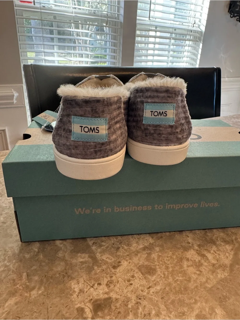 TOMS Women's Gray Plush Lined Alpargata Slip-Ons with White Fur Trim